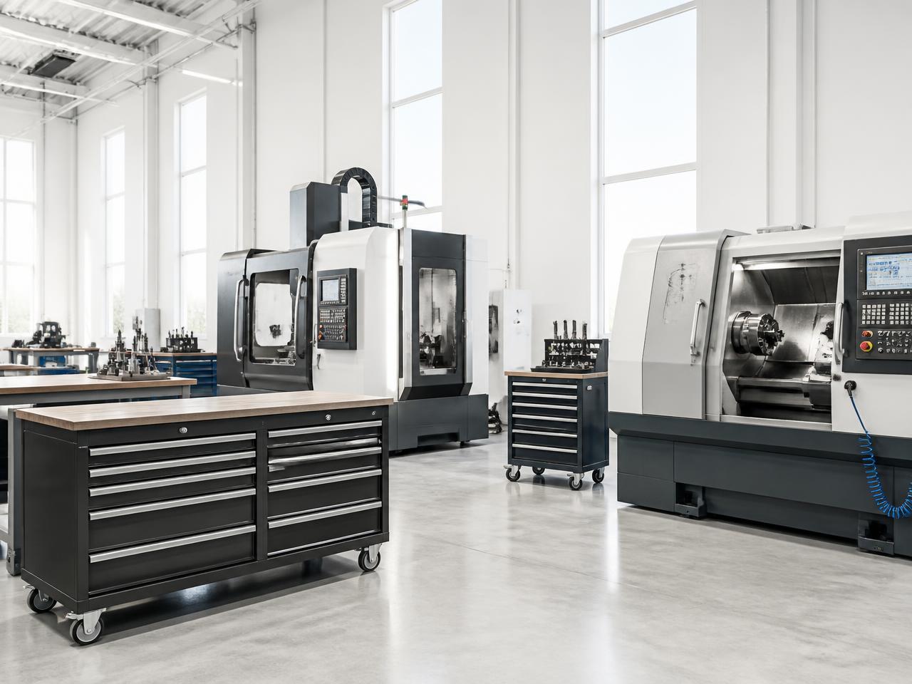 Precision commercial machinery and tool chests in a clean dark workshop