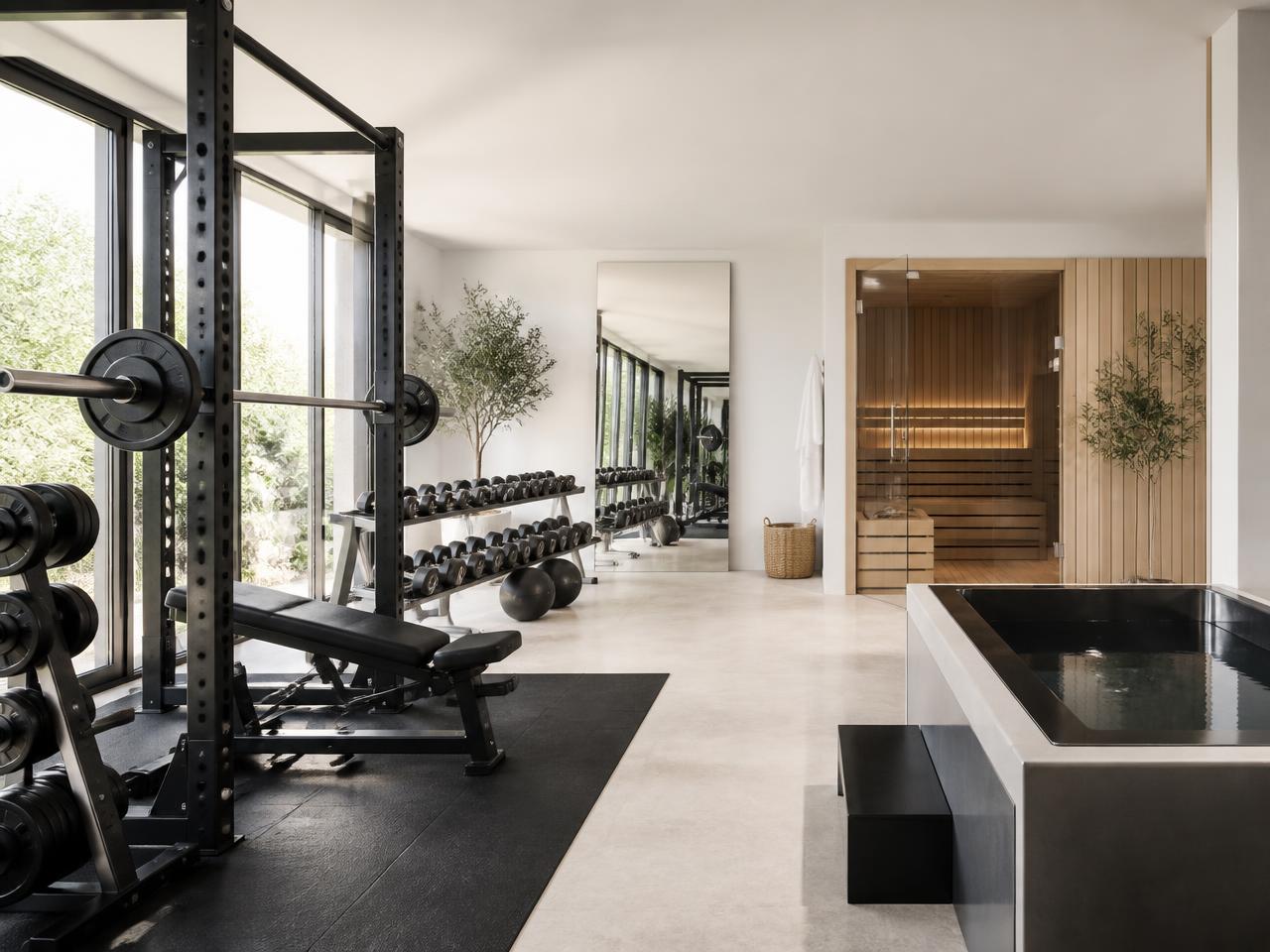 Luxury private gym with strength equipment, sauna and recovery bath under low light