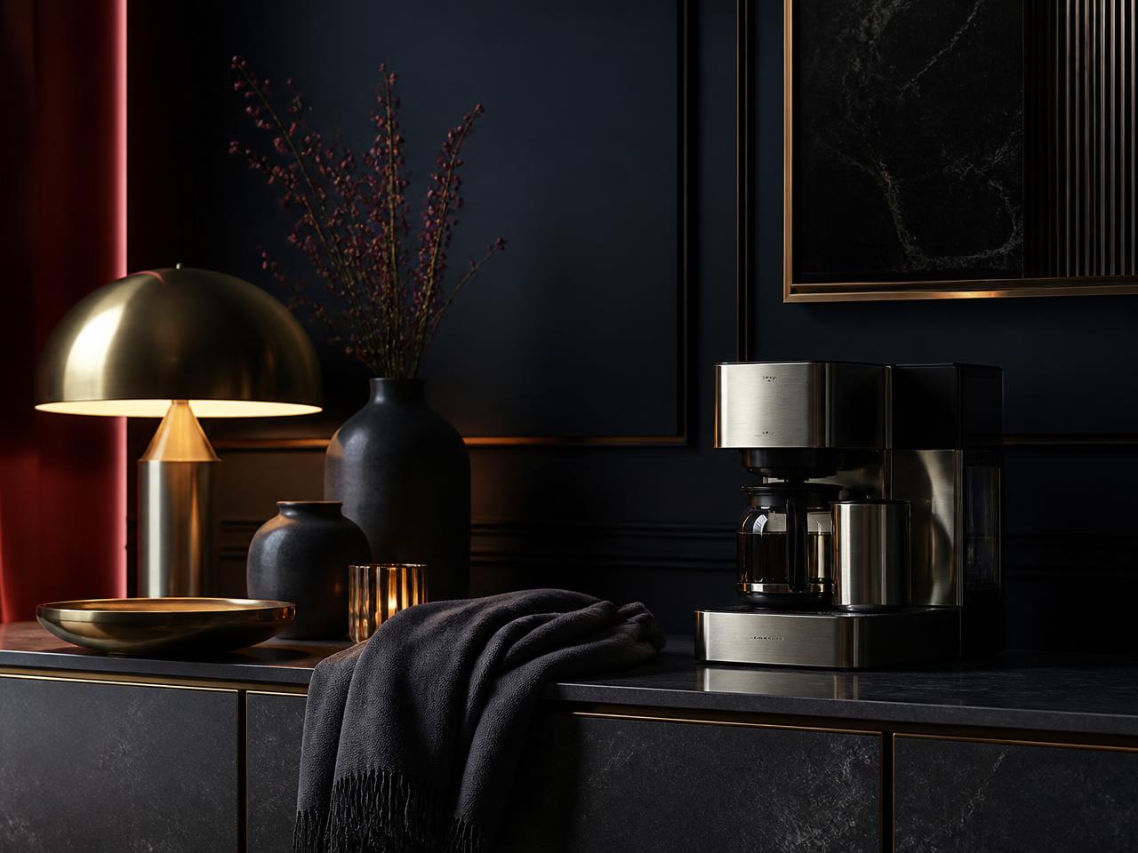 Premium home and lifestyle products styled on a dark stone console