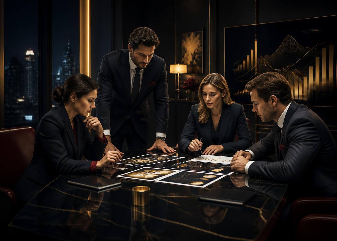 Professionals reviewing performance reports around a dark boardroom table at night