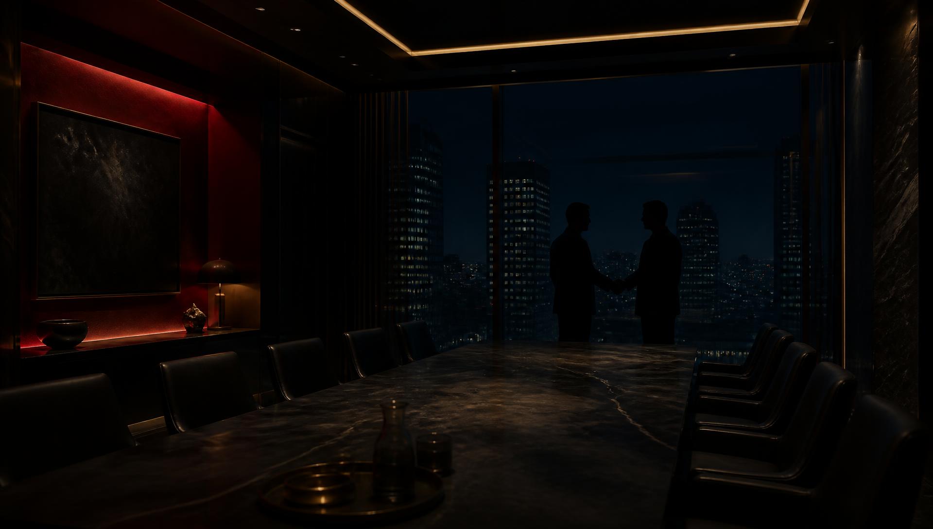 Silhouetted handshake in a refined high-rise boardroom overlooking a night city skyline