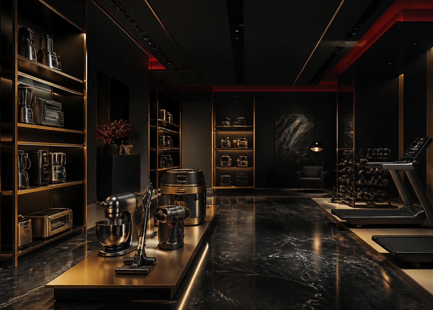 Premium product showroom with brushed gold shelving displaying unbranded appliances, tools and equipment