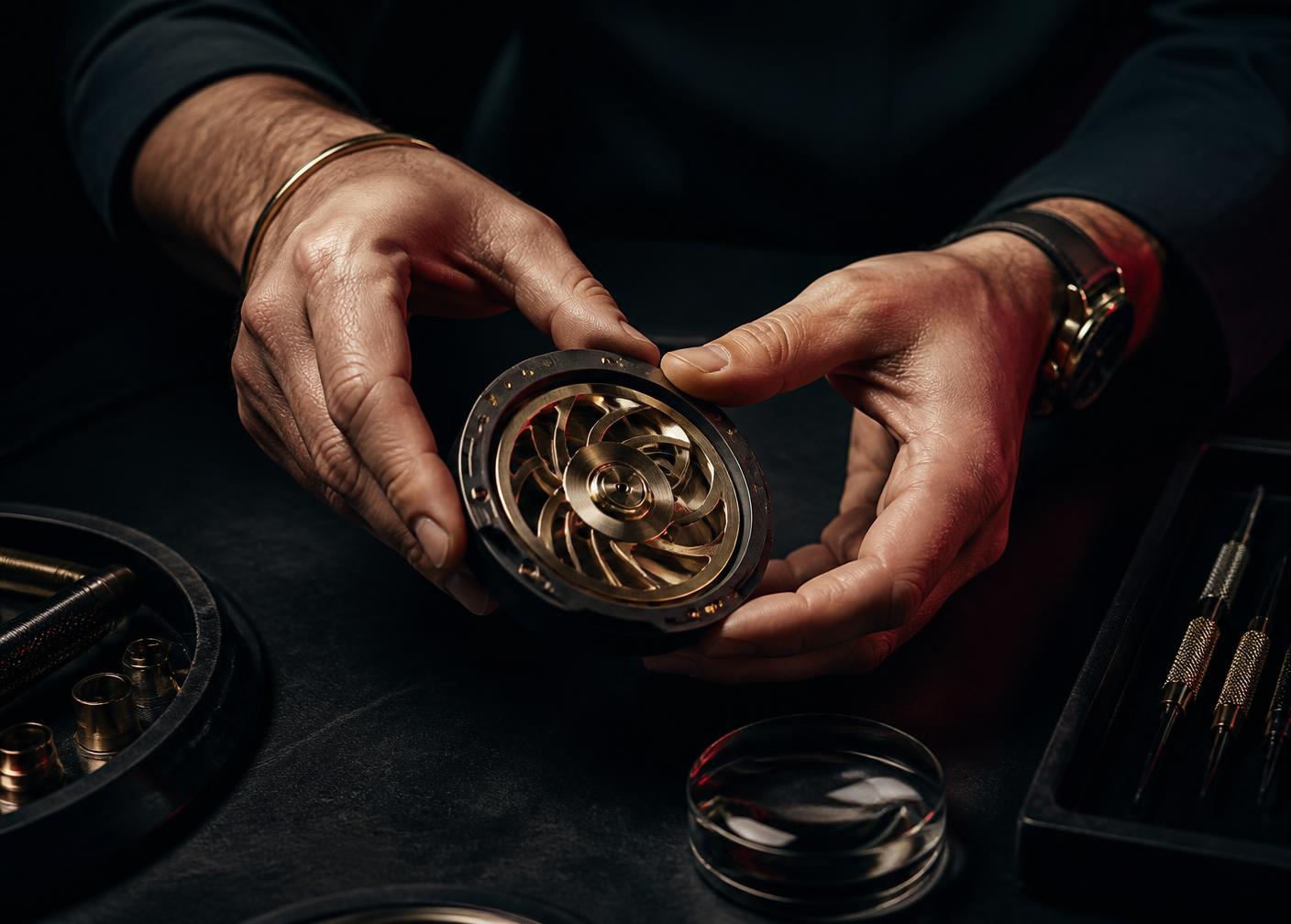 Hands inspecting a precision-engineered premium product component on a dark workbench